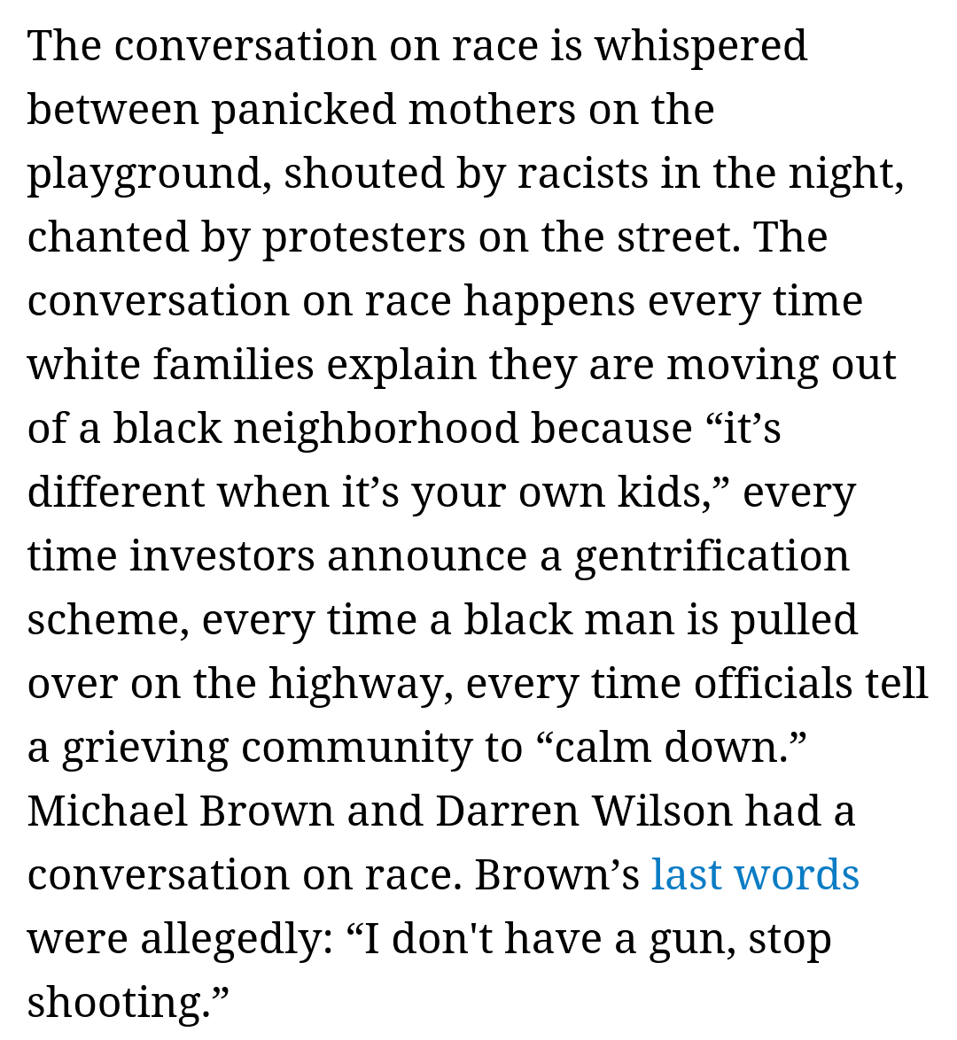 sarahkendzior's tweet image. They say we need a "conversation on race". But we've been having it. politico.com/magazine/story… #Ferguson