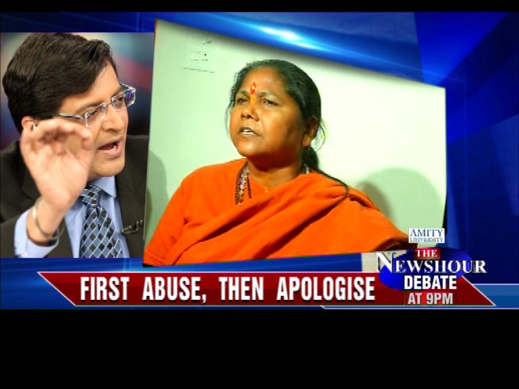TimesNow's tweet photo. On The Newshour: BJP minister Niranjan Jyoti first abuses, then apologises. Is an apology enough? #AbusiveMantri http://t.co/7BWP6Ongp7