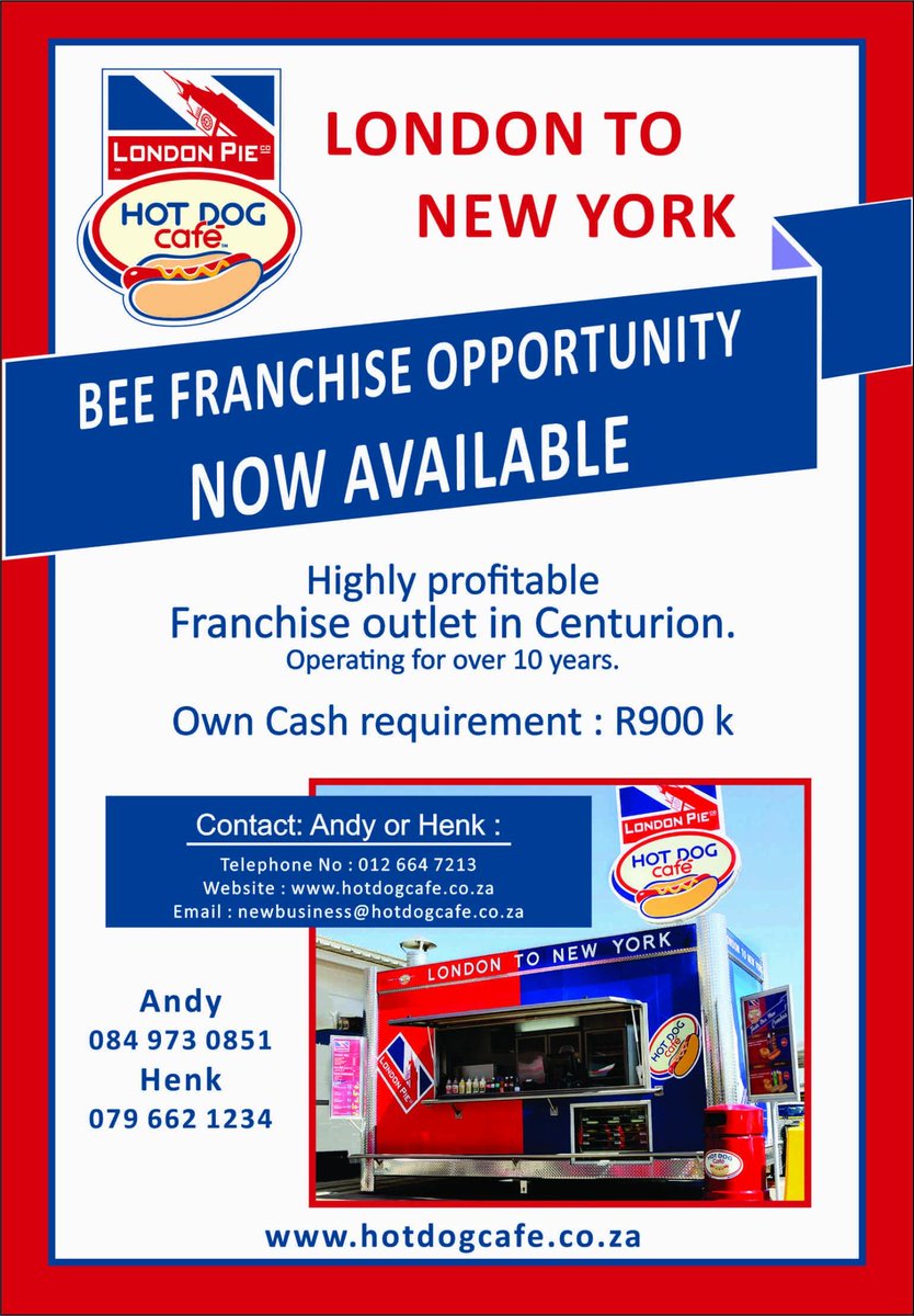 HotDogCafeSA's tweet photo. #BEE #FranchiseOpportunity! 
@HotDogCafeSA &amp; #LondonPie Centurion #Franchise #Available NOW! http://t.co/kDOL0HWJxi