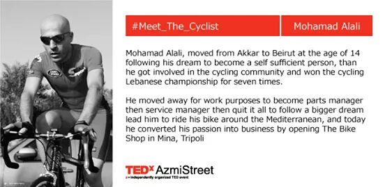 TEDxAzmiStreet's tweet photo. Our First Speaker is ...
Mohamad Al Ali 
#Meet_the_Cyclist  #Tripolilb #lebanon http://t.co/TjWXvAuSXm