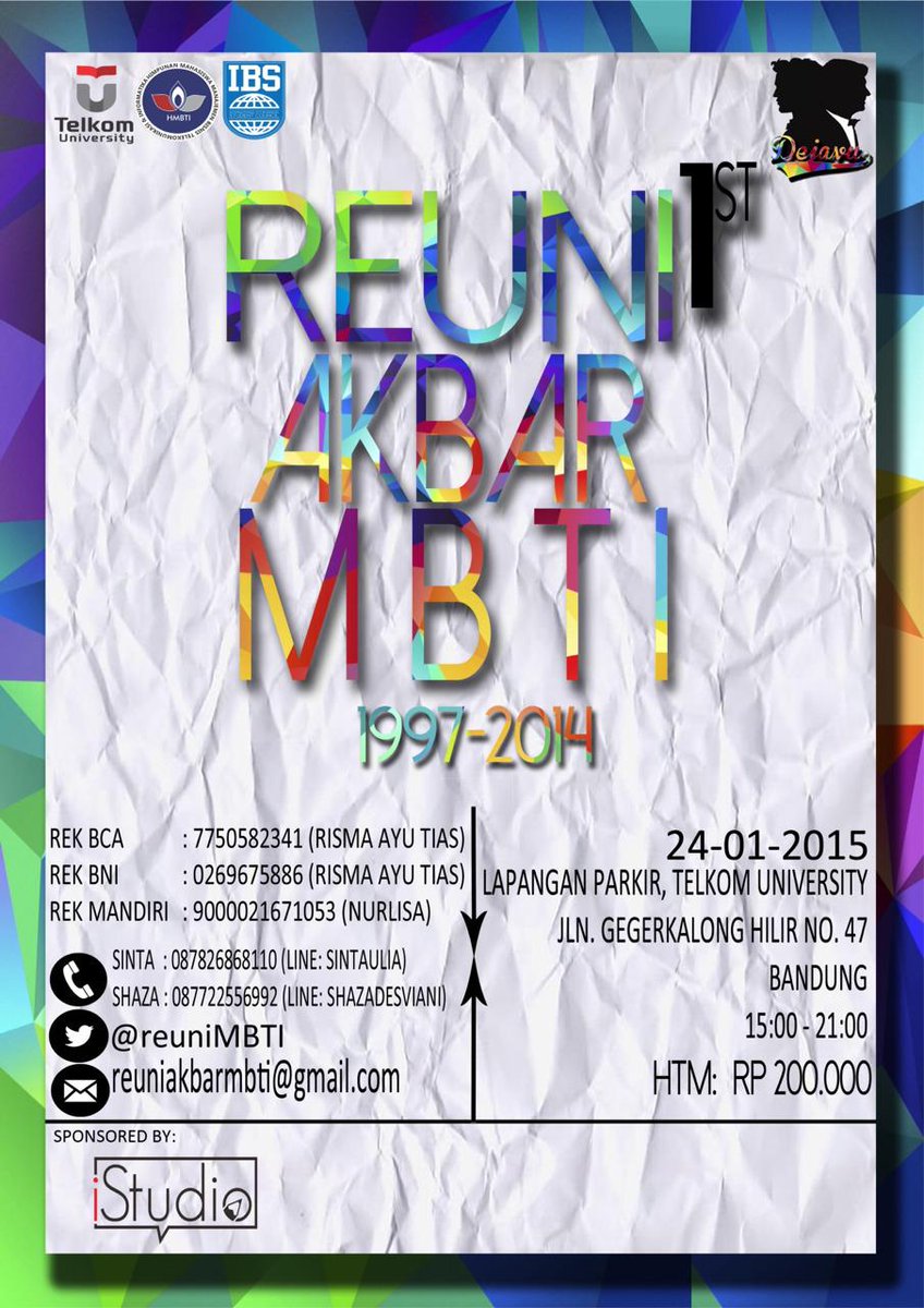 Reuni Akbar MBTI 1997-2014, t:24 Jan 2014, v: Gerlong Hilir 47, HTM : 200K IDR for 1 person. More Info : <a href="/ReuniMBTI/">Reuni Akbar MBTI</a>