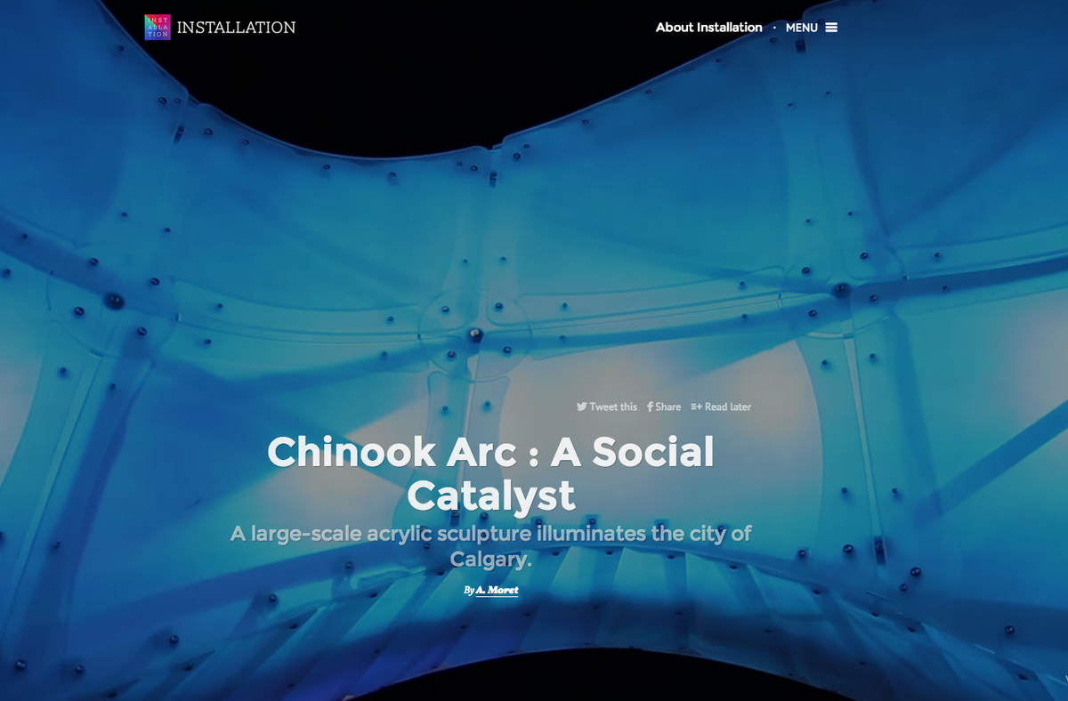creatvmchns's tweet image. Installation Magazine recently featured an article about Chinook Arc! #chinookarc #InstallationMag