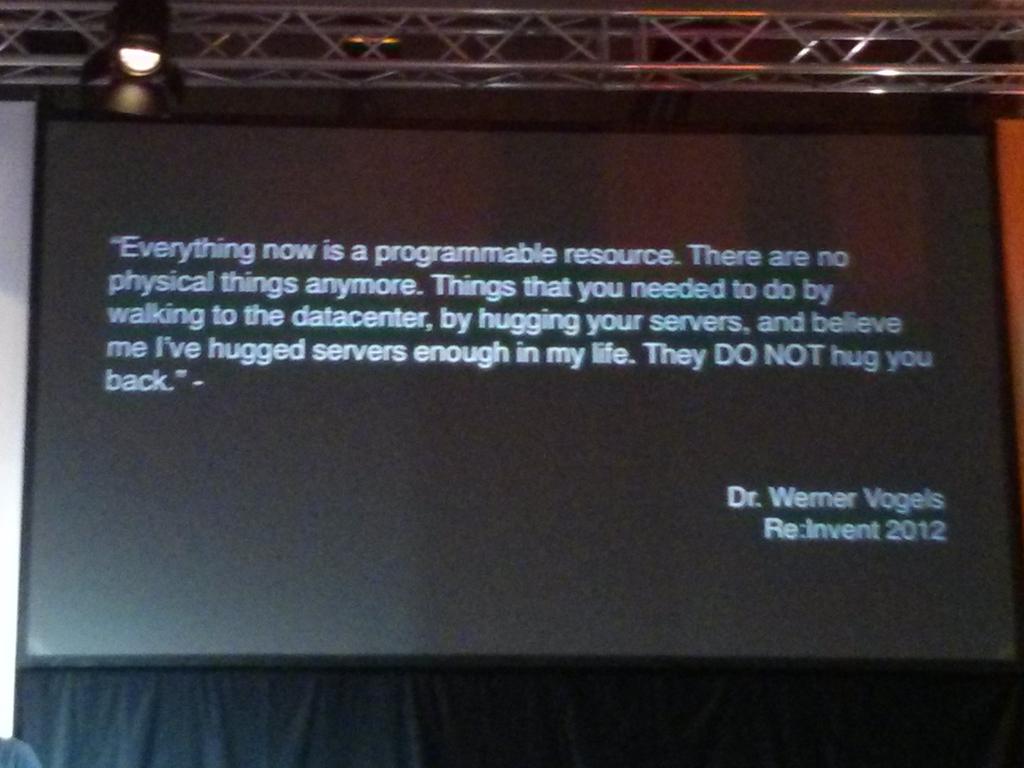 DZPM's tweet photo. "Everything now is a programmable resource, there are no physical things anymore" Dr. Wernel Vogels #AWSInteract http://t.co/mYP2dbXwc6