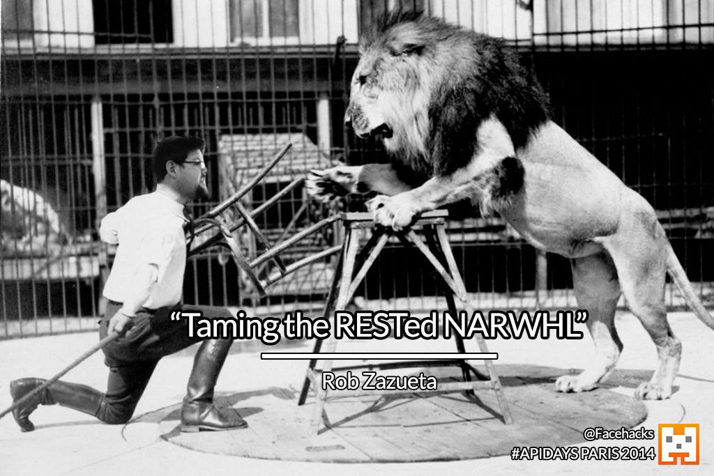 Facehacks's tweet photo. "Taming the RESTed NARWHL" by Rob Zazueta from @intel at #apidays http://t.co/sO5S9oYIjq