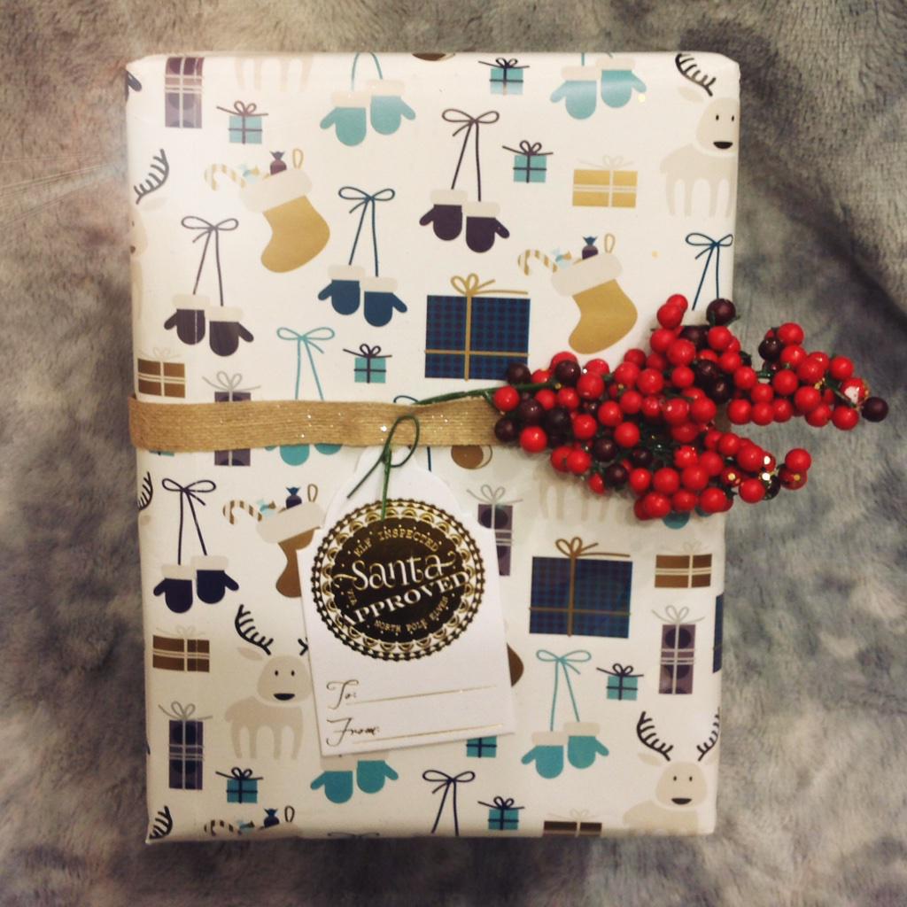 Our luxe wrapping paper "Golly Be Jolly" with our special foil stamped "Santa Approved" gift tag.