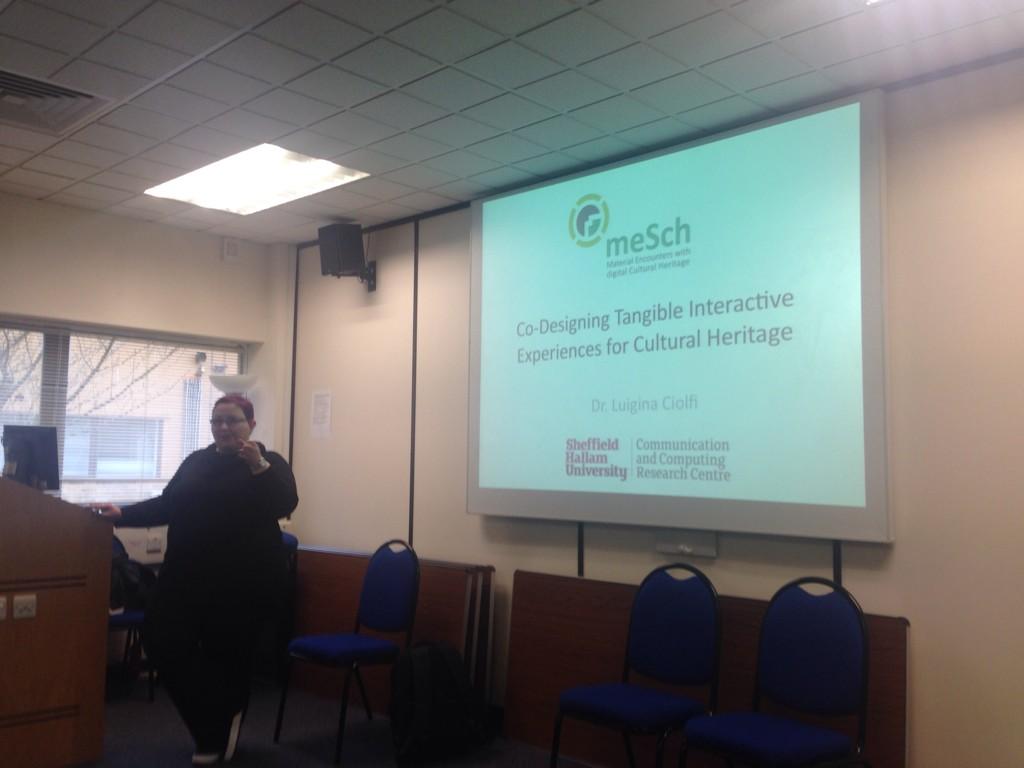 HCDI14's tweet photo. Dr Luigina Ciolfi giving talk on co designing tangible interactive experiences for cultural heritage #hcdiseminar http://t.co/vQhMCagcOr