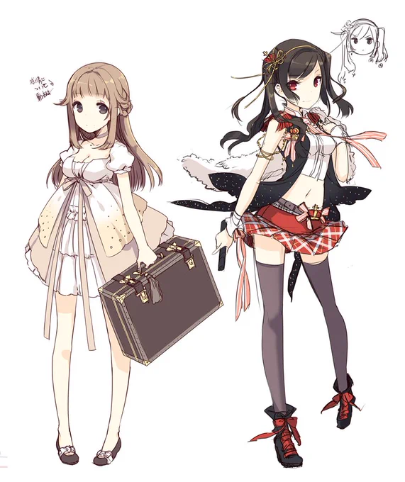 「バタフライ×ブレイクダウン」のヒロインさん二人の設定絵。 蝶の羽みたいな服を描きたかったのですが… 