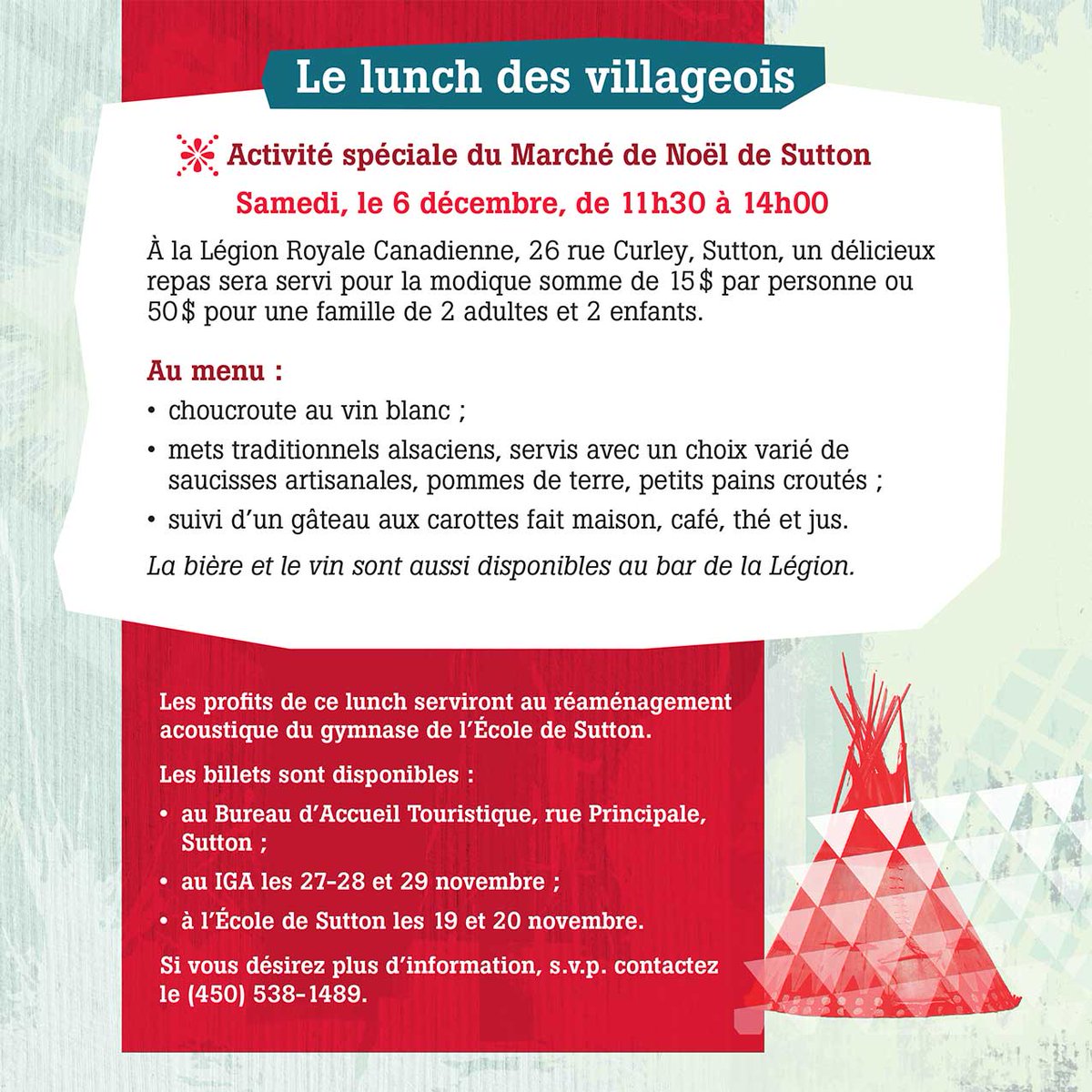 N'oubliez pas de réserver votre samedi 6 décembre pour le lunch des villageois! #noelsutton #sutton <a href="/regionbm/">Brome-Missisquoi</a>
