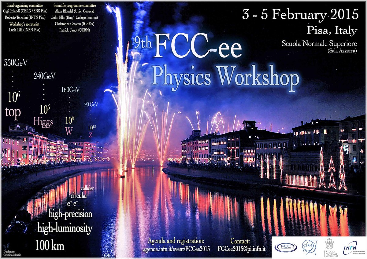 TLEP_FCCee's tweet photo. Join us for the 9th FCC-ee Physics Workshop on 3-5 February at Scuola Normale Superiore (Pisa)
http://t.co/v1DELtLzHI http://t.co/6ODKW3fRQu