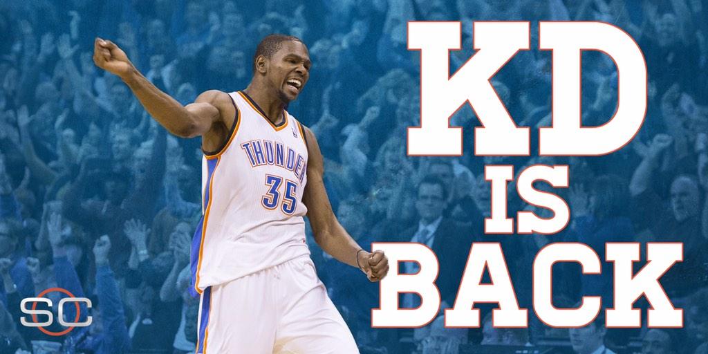 NikkiBurleson11's tweet photo. “@SportsCenter: BREAKING: Reigning NBA MVP Kevin Durant to make season debut tonight vs Pelicans. http://t.co/hjcluyQny6” #WELCOMEBACKKD