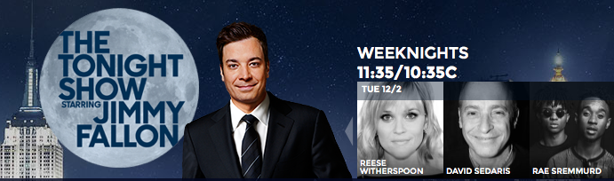 FallonTonight's tweet photo. TONIGHT: Reese Witherspoon (@RWitherspoon) &amp; David Sedaris, plus @RaeSremmurd performs with @TheRoots! #FallonTonight http://t.co/TuJyvRabj2