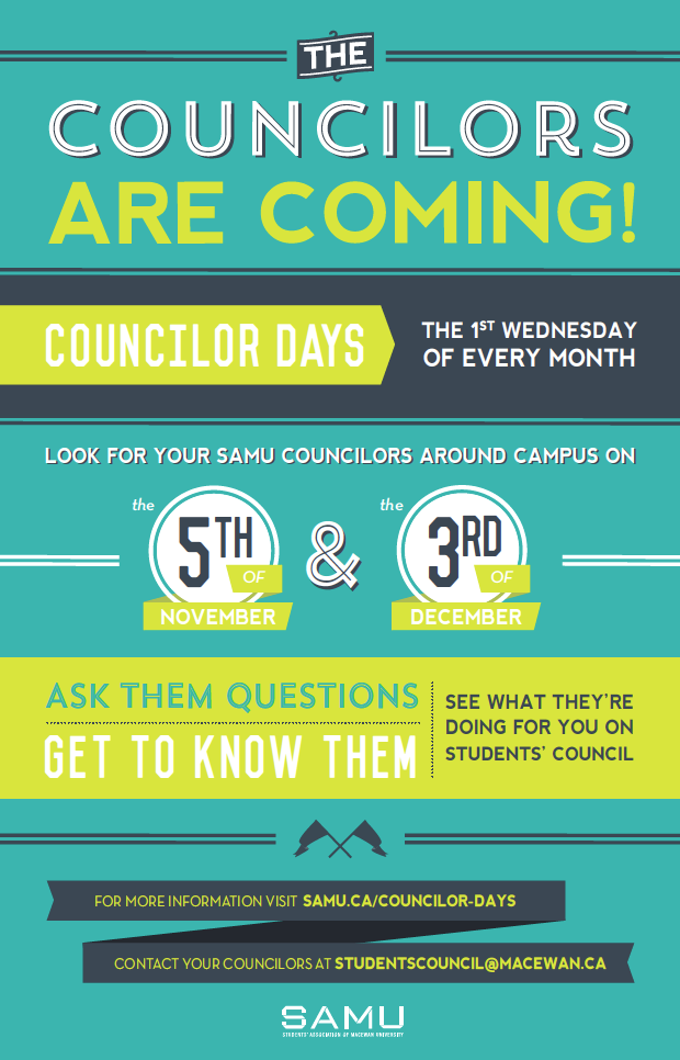 SAMacEwan's tweet photo. Been dying to ask your Students' Council some questions? You're in luck. Councilor Days is Wed. #SAmacewan #MacEwanU http://t.co/vxt062HYPp