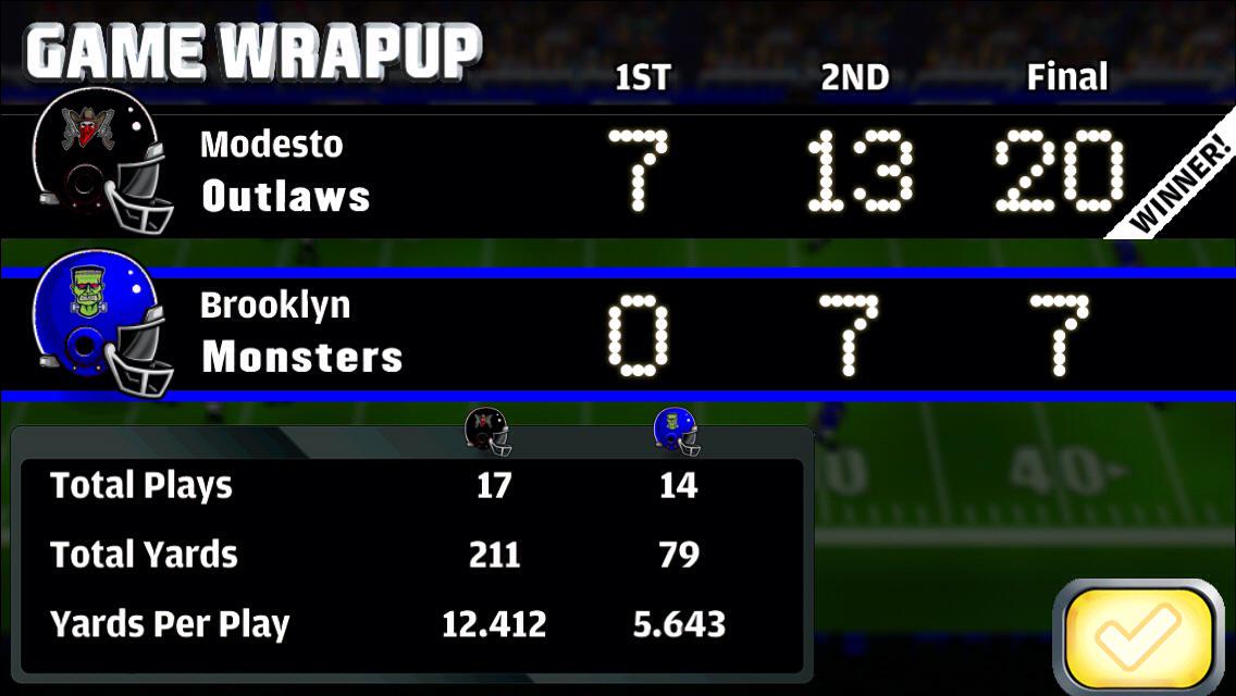 The Outlaws just beat the Monsters, 20 - 7. #football #fbheroes
appstore.com/footballheroes…