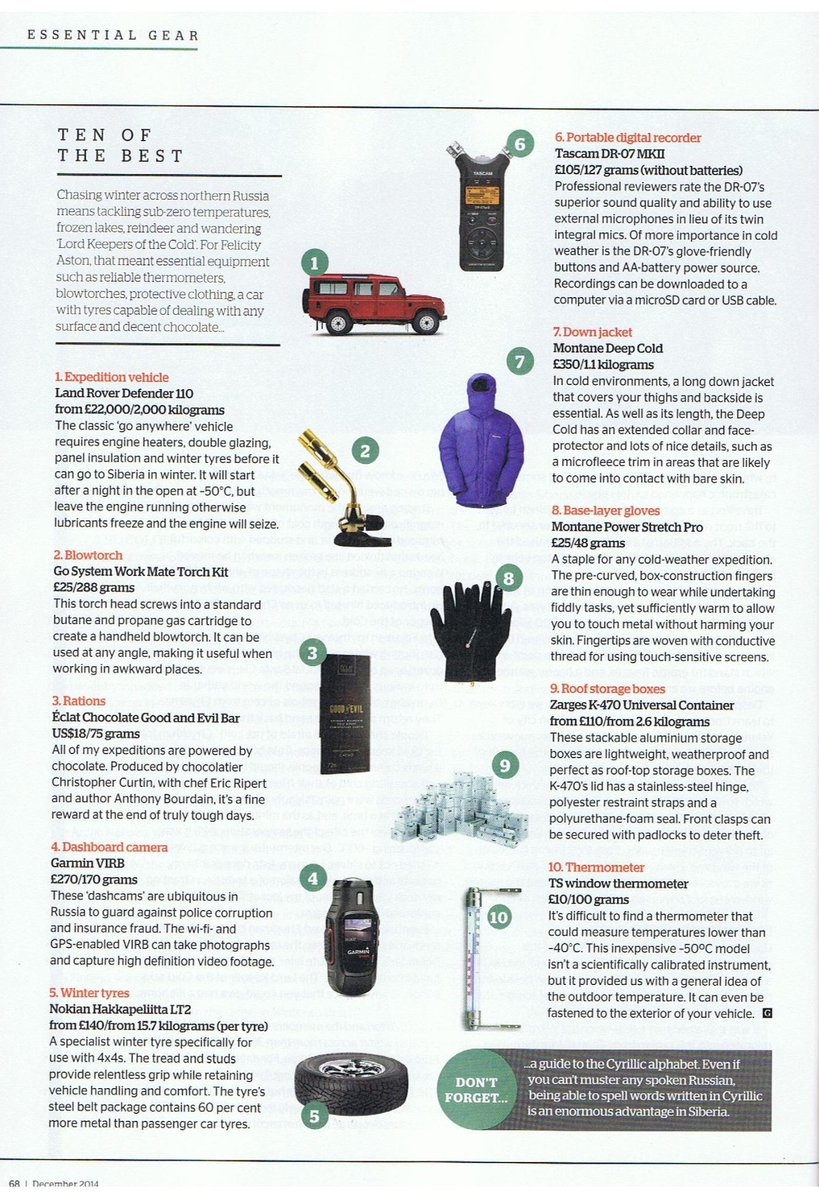 felicity_aston's tweet photo. My '10 of the Best' in this months @GeographicalMag include @LandRoverUKPR @MONTANEuk @Garmin and Eclat Chocolate! http://t.co/yBFJkytpwa