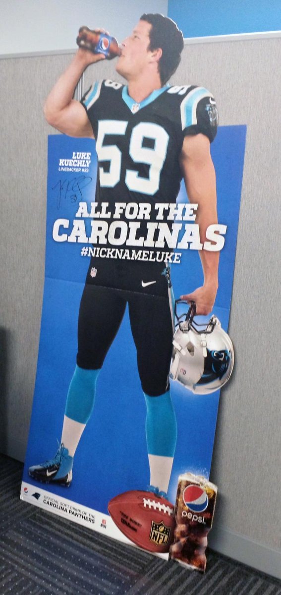 Panthers's tweet photo. Followers who RT are eligible to win this autographed @LukeKuechly standup from @pepsi! Random winner chosen at 9PM. http://t.co/E7YcZu8pfr