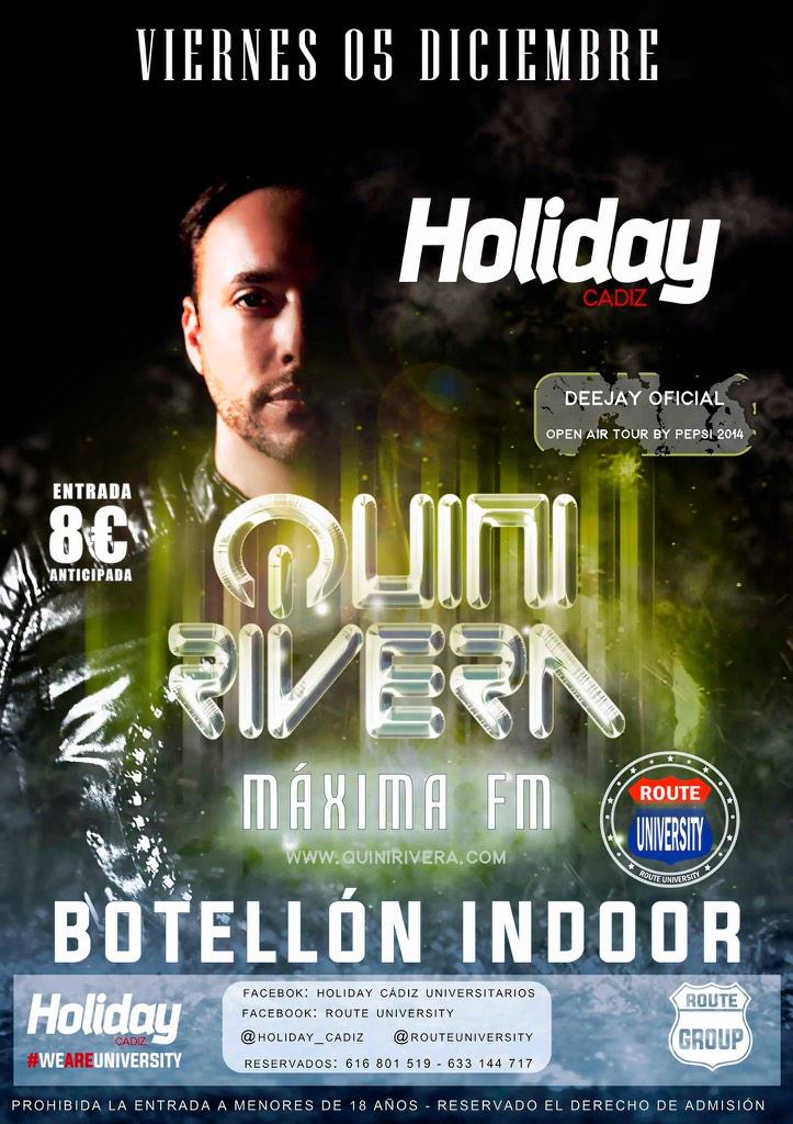 RouteUniversity's tweet photo. Ya queda muy poco pa el Viernes y con ello, FIESTON en @Holiday_Cadiz con QUINI RIVERA ! Solo 8 euros,botellón indoor http://t.co/5ruL45W1QI