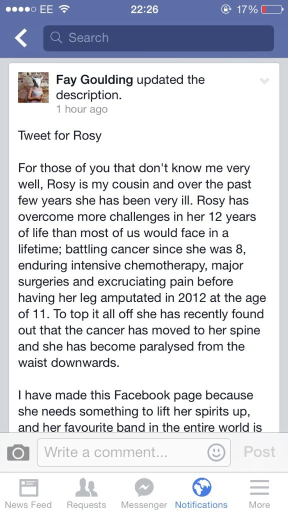 alicebedwell's tweet photo. @MTVUK pls can you retweet this tweet! It will make an ill young girls dream come true! ❤️ #TweetForRosy http://t.co/XUwINd3ovk