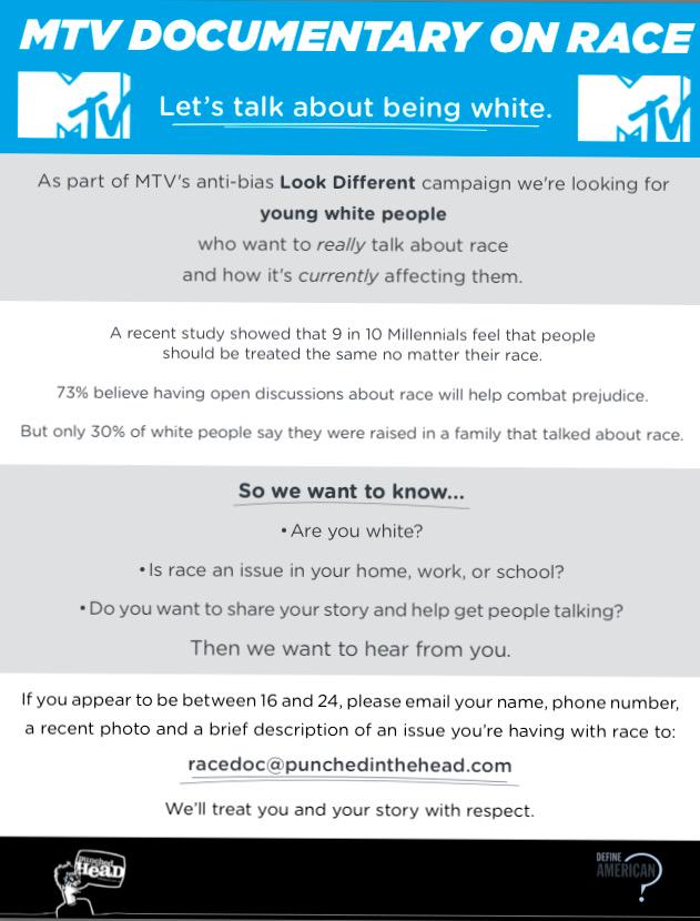 Now Casting Stories 4 our Look Different Campaign. What is White to u? Tell us ur story racedoc@punchedinthehead.com