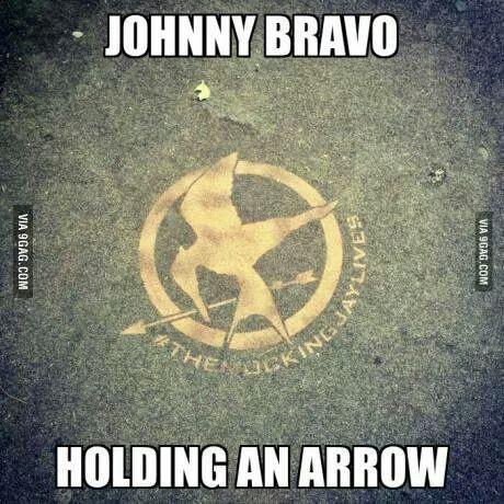 Advil's tweet photo. holy shit the mockingjay looks just like johnny bravo holding an arrow http://t.co/ufPKxZ9O4t