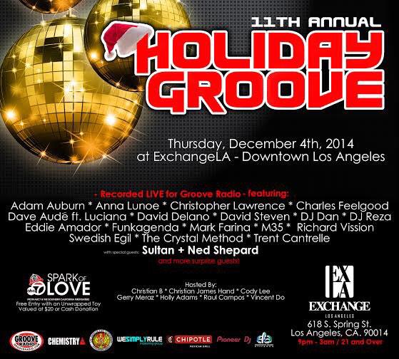 CecyMoran's tweet photo. Thursday, @ExchangeLA presents @HolidayGrooveLA  Bring an unwrapped toy or donate $20 at the door. #sparkoflove http://t.co/hmDog0qybb