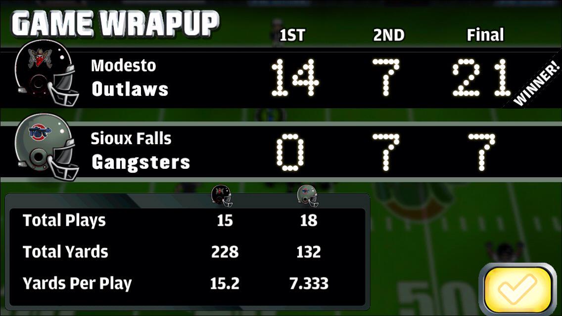 The Outlaws just beat the Gangsters, 21 - 7. #football #fbheroes
appstore.com/footballheroes…