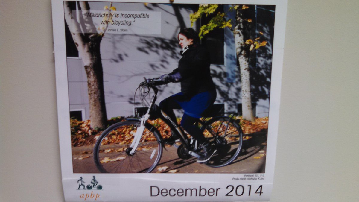 Welcome to December biking <a href="/GoddardTara/">Tara C Goddard</a> graces the <a href="/apbp/">APBP</a> calendar in my office <a href="/TRECpdx/">TREC at PSU</a> #goviks