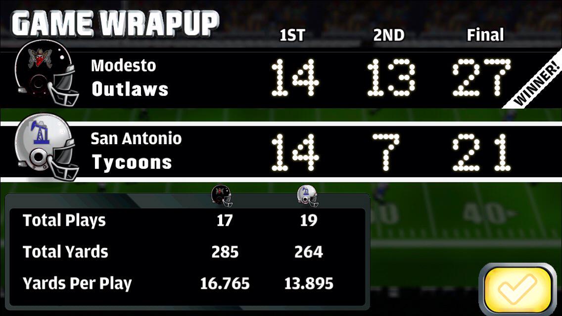 The Outlaws just beat the Tycoons, 27 - 21. #football #fbheroes
appstore.com/footballheroes…