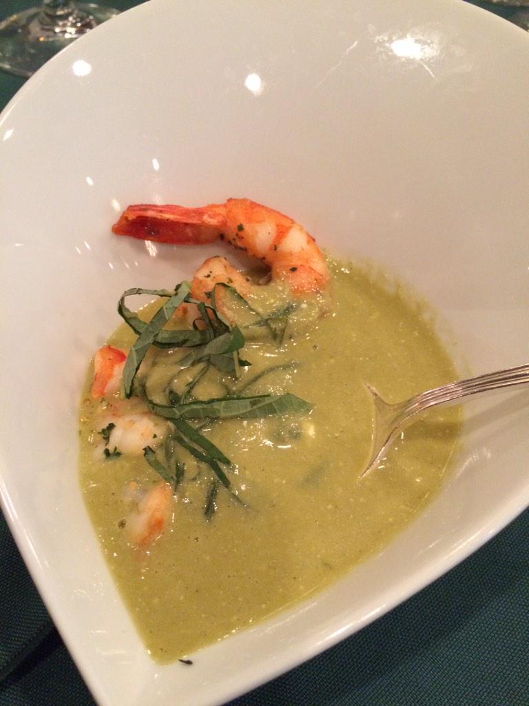 eatrundesign's tweet photo. Cream of Hierba Santa, pumpkin seed, goat cheese and tomatillo with shrimp #mexicodays http://t.co/gGYqavbEus