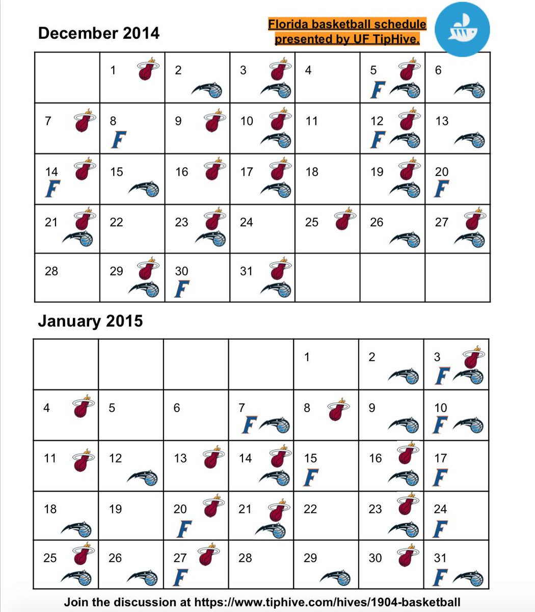 UF_TipHive's tweet photo. 3in1 schedule for UF, the Orlando Magic, and the Miami Heat for the months of December and January. http://t.co/twlwTgSbkp