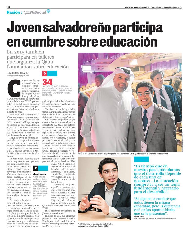lideres_sv's tweet photo. Lean la nota sobre la participación de nuestro miembro, Carlos Sosa, en el #WISE2014 http://t.co/lTjQzfRcKQ http://t.co/ofHNlKdUI3