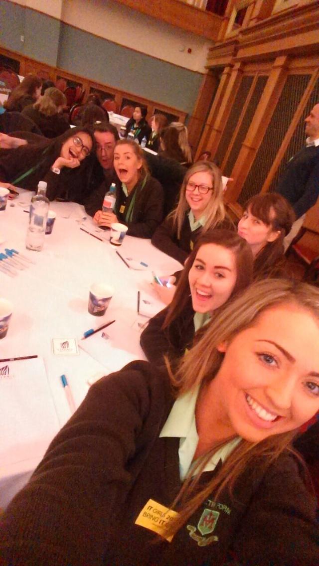 megaanmccaffrey's tweet photo. @BringITOnNI @TechPartnership #ITGirlsBelfast Selfie with our teacher! #sla #stlouises http://t.co/f6xTjBFVF9