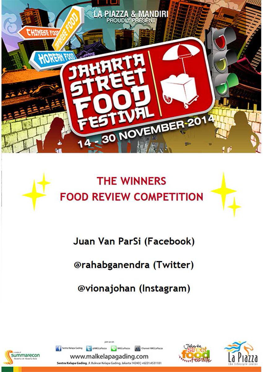 MKGLaPiazza's tweet photo. Congratulations the winner of Food Review Competition. #JSFFLpz Juan Van Parsi, @rahabganendra, vionajohan !! http://t.co/zMh616YqLs