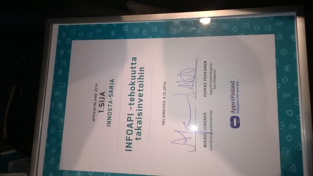 Perttuah's tweet photo. #infoapi korjasi innosta-sarjan 1. Sijan #apps4finland kisassa! Mahtava fiilis! #parantajat http://t.co/Gmnm31DCqb