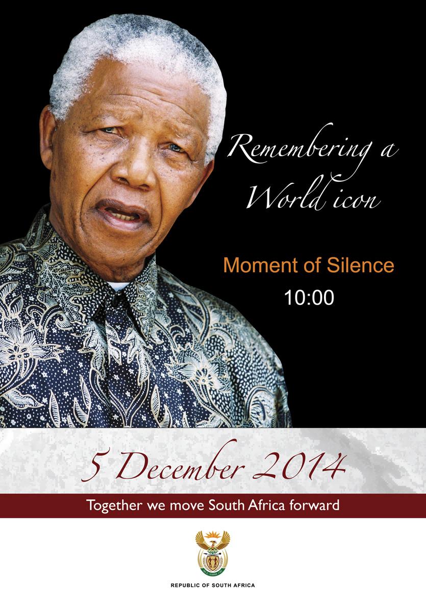 GovernmentZA's tweet photo. On 5 Dec 2014, all South Africans are encouraged to observe a moment of silence from 10h00 to 10h03. #RememberMandela http://t.co/QfBp42htjT