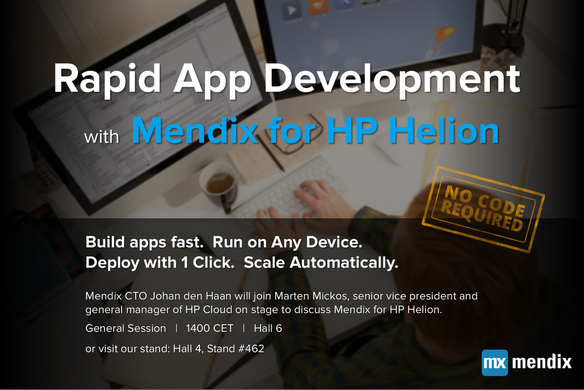 Mendix's tweet photo. Our CTO @JohanDenHaan to discuss #Mendix for HP Helion w/ @martenmickos at #HPDiscover today  http://t.co/5IUQT5E0RF http://t.co/3ztFhnrGDY