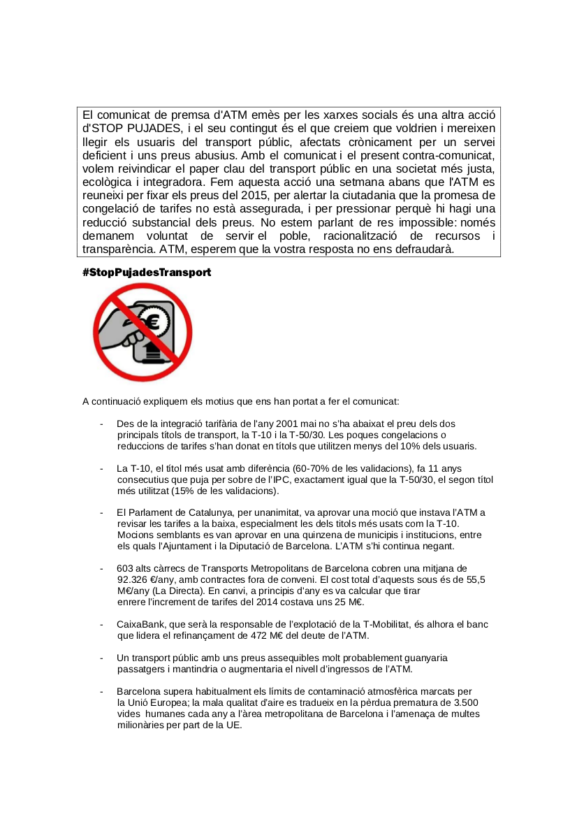 Acampadabcn's tweet photo. El comunicat de @ATMGenCat i #ATMRectifica era una acció d'@StopPujades per reclamar la baixada de tarifes al 2015 http://t.co/jb6p3nXwwf
