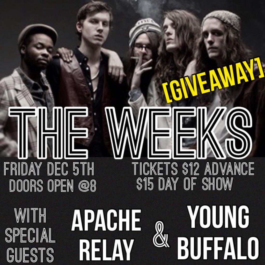 ricksstarkville's tweet photo. Retweet for a chance to win 4 FREE tickets to @theweeks Friday w/ @apacherelay &amp; @YOUNGBUFFALO! #giveaway #retweet http://t.co/FKSbY3wO4c