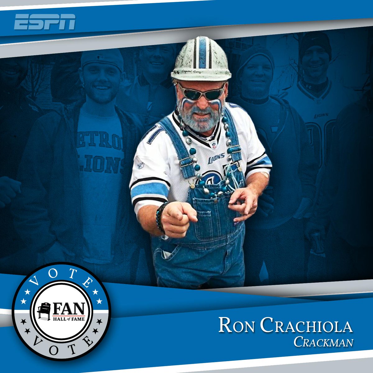 espn's tweet photo. Hey @Lions fans: Ron "Crackman" Crachiola is back as a #FanHallofFame Finalist.

Vote Now -> http://t.co/ltPTgRSXfu http://t.co/fhRX082kBE