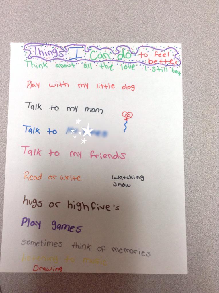 SocialWorkerKTM's tweet photo. A student brainstormed and wrote down coping skills s/he could use when feeling sad following a family change. http://t.co/3F6xj148Yz