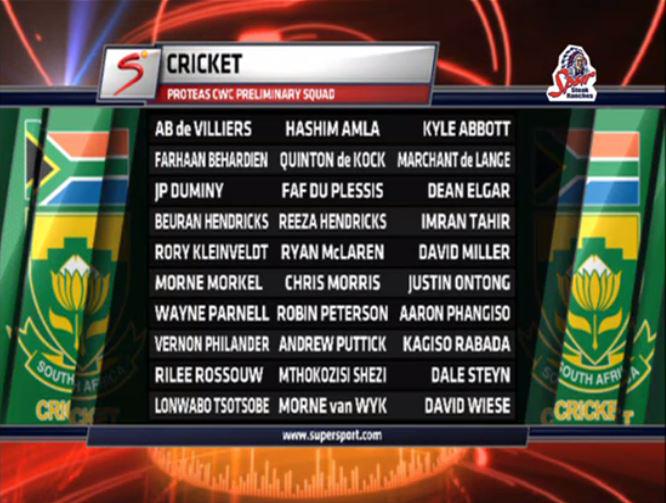 SuperSportTV's tweet photo. Here's @OfficialCSA's preliminary 30-man squad for the @cricketworldcup next year http://t.co/N8zeEXsMK3 #SSCricket http://t.co/T8f1A9MZLe