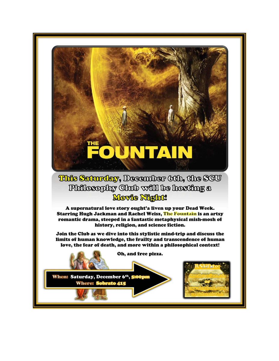 PhilosophySCU's tweet photo. Philosophy Club Movie Night, Saturday, December 6th, 5:00 pm, Sobrato 415. http://t.co/pHN8E8g9s6
