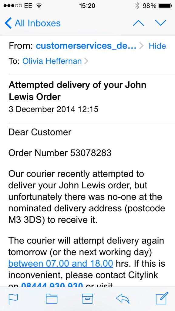 LivHeff's tweet photo. @johnlewisretail epic fail, delivery address is Waitrose Spinningfields/ no one there?! http://t.co/NFRnB9CdrI