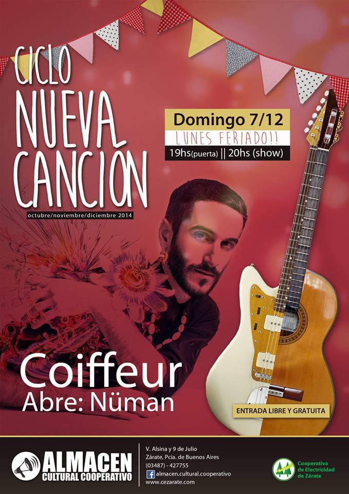 DiegoVarese's tweet photo. @SUBANELVOLUMEN1 este domingo 7, víspera del feriado, gran fecha en el #CicloNuevaCancion : #Nüman + #Coiffeur http://t.co/PkgJLgZKkx