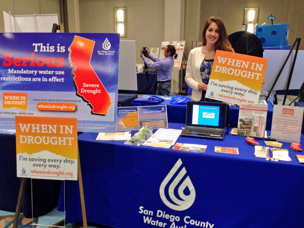 sdcwa's tweet photo. @sdcwa #WhenInDrought booth at #ACWAconf #ConservaCon #SaveEveryDayEveryWay It's raining...#ShutItOff http://t.co/W3f80VKUg0