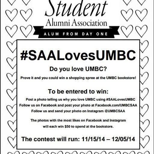 UMBCSAA's tweet photo. Only two days left! Post a picture saying why you love UMBC and you could win a 50 dollar shopping spree at bookstore http://t.co/hRjwKdui5N