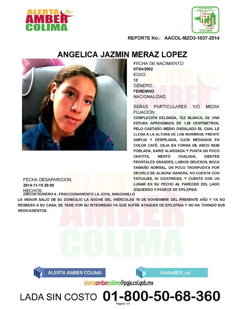 Ratn12's tweet photo. Difunde por favor #AlertaAmber vía @AAMBER_col:  ANGELICA JAZMIN MERAZ LOPEZ  #Manzanillo, #Colima. Padece epilepsia http://t.co/sYhSGnhQzq