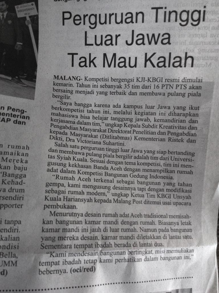 Selamat utk tim Unsyiah yang membawa pulang piala bergilir Kontes Bangunan Gedung Indonesia  #positifkanAceh