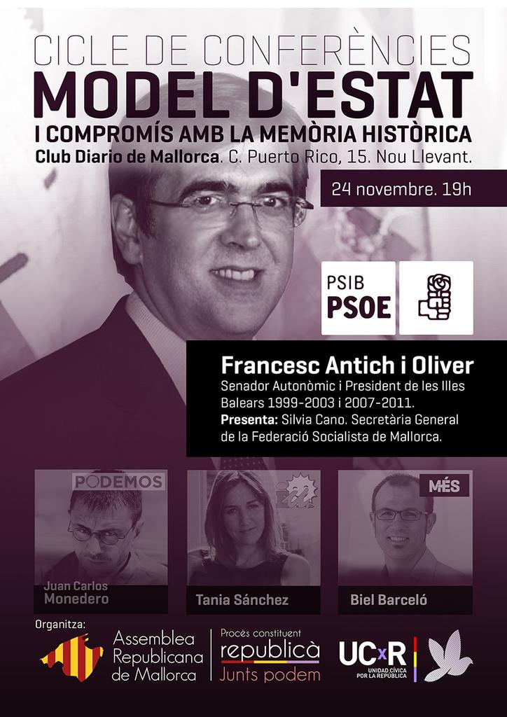 RepubAssemblea's tweet photo. Dilluns 24 cuarta conferència amb @Xisco Antich Cicle conferències #ModelEstat I COMPROMIS AMB LA #MemòriaHistòrica http://t.co/Fuaejo4HSc