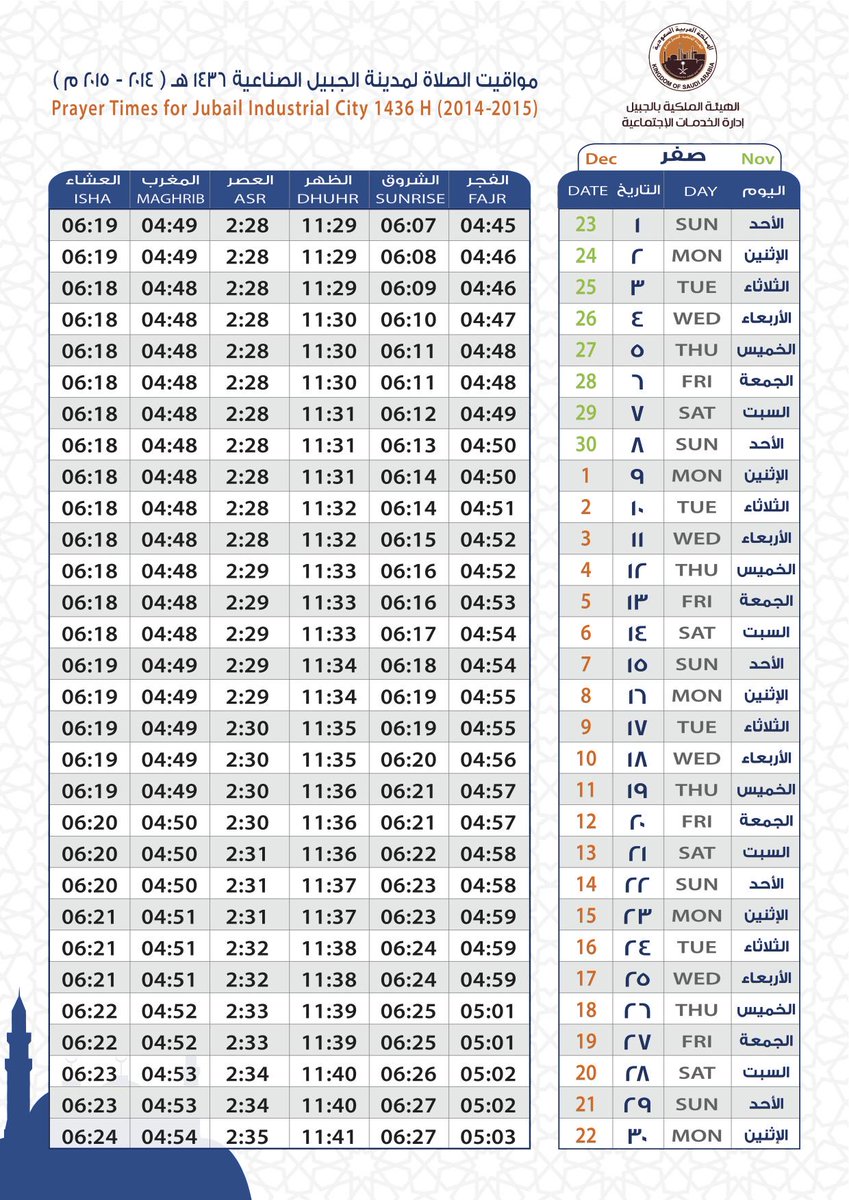 الجبيل اوقات الصناعية الصلاة اوقات الصلاة