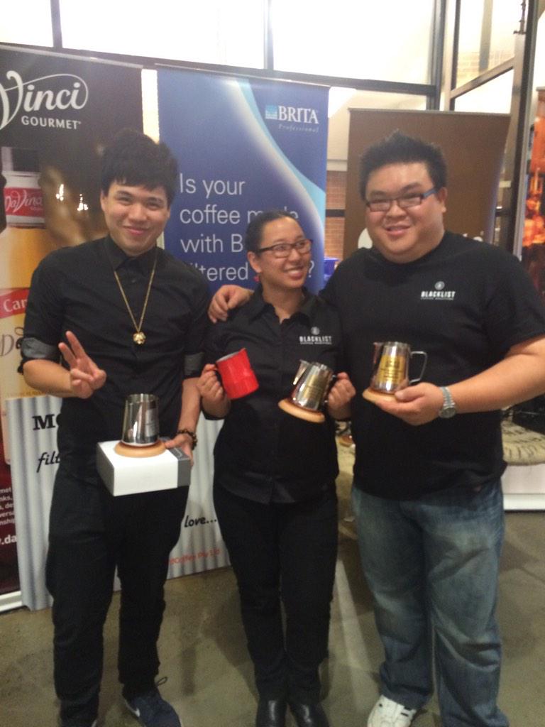 5Senses's tweet photo. Latte Art champion of WA is Gabe from Blacklist Coffee, Andy from @laveencoffee was second and Rie from blacklist 3rd http://t.co/xtlfT1kLOV